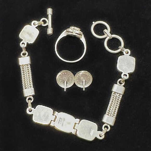 Sterling Silver & Onyx Bracelet + Earrings Set w/ Bonus Ring & Bags - Picture 4 of 15